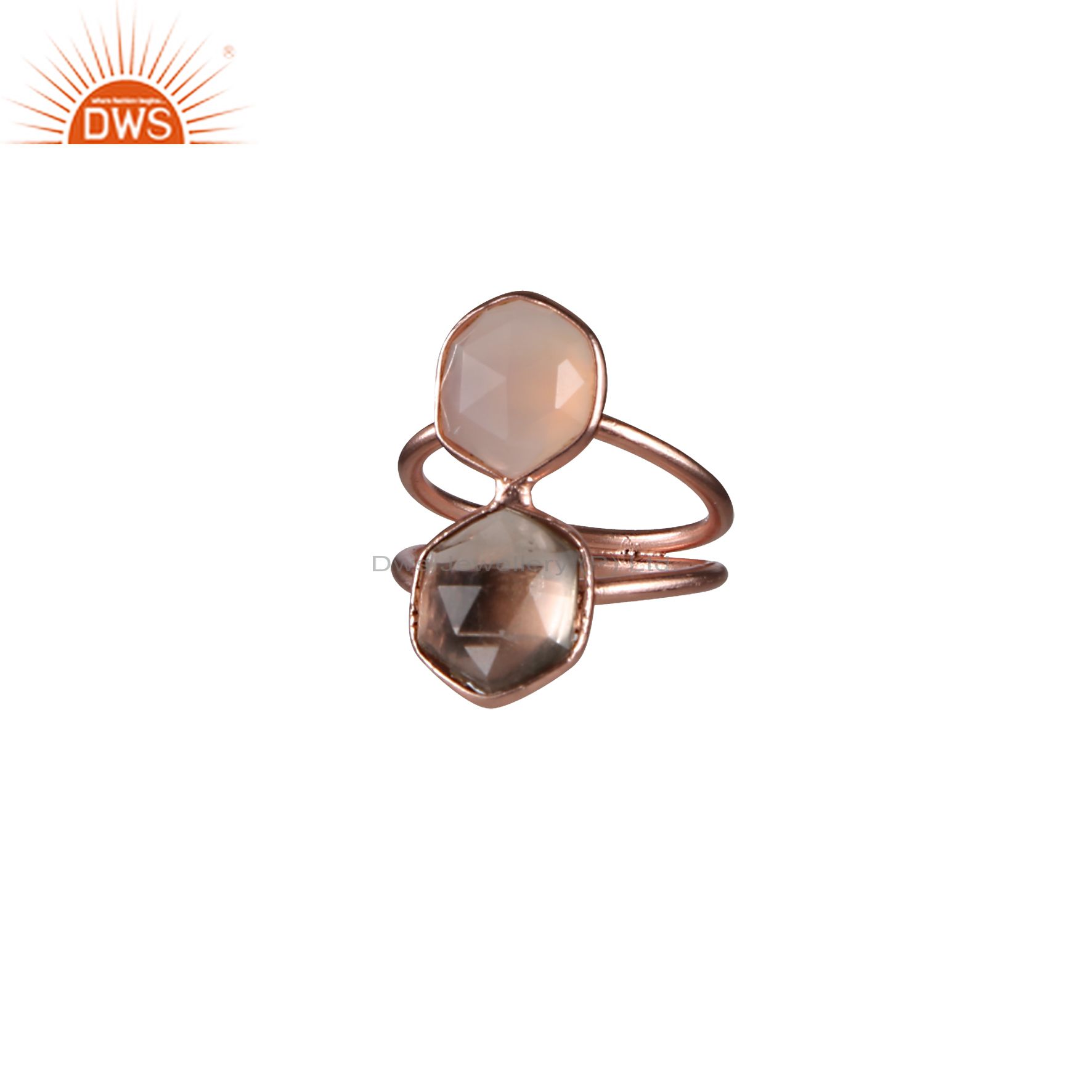 18K Rose Gold Plated Sterling Silver Rose Chalcedony And Smoky Quartz Ring