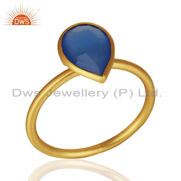 Blue Chalcedony Gemstone Gold Plated 925 Silver Stackable Ring Jewelry