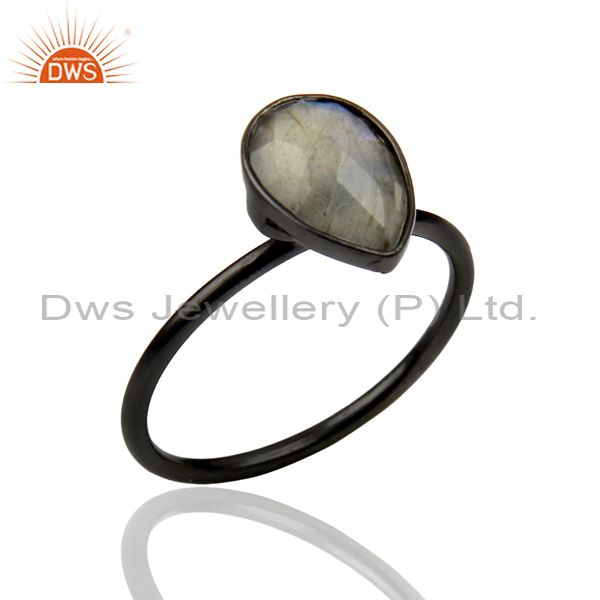Black Oxidized Sterling Silver Labradorite Gemstone Bezel Drop Ring