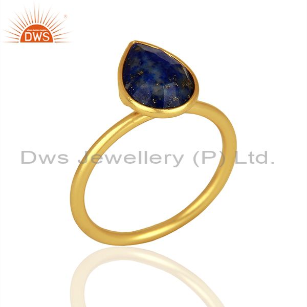 18K Yellow Gold Plated Sterling Silver Lapis Lazuli Gemstone Drop Stackable Ring
