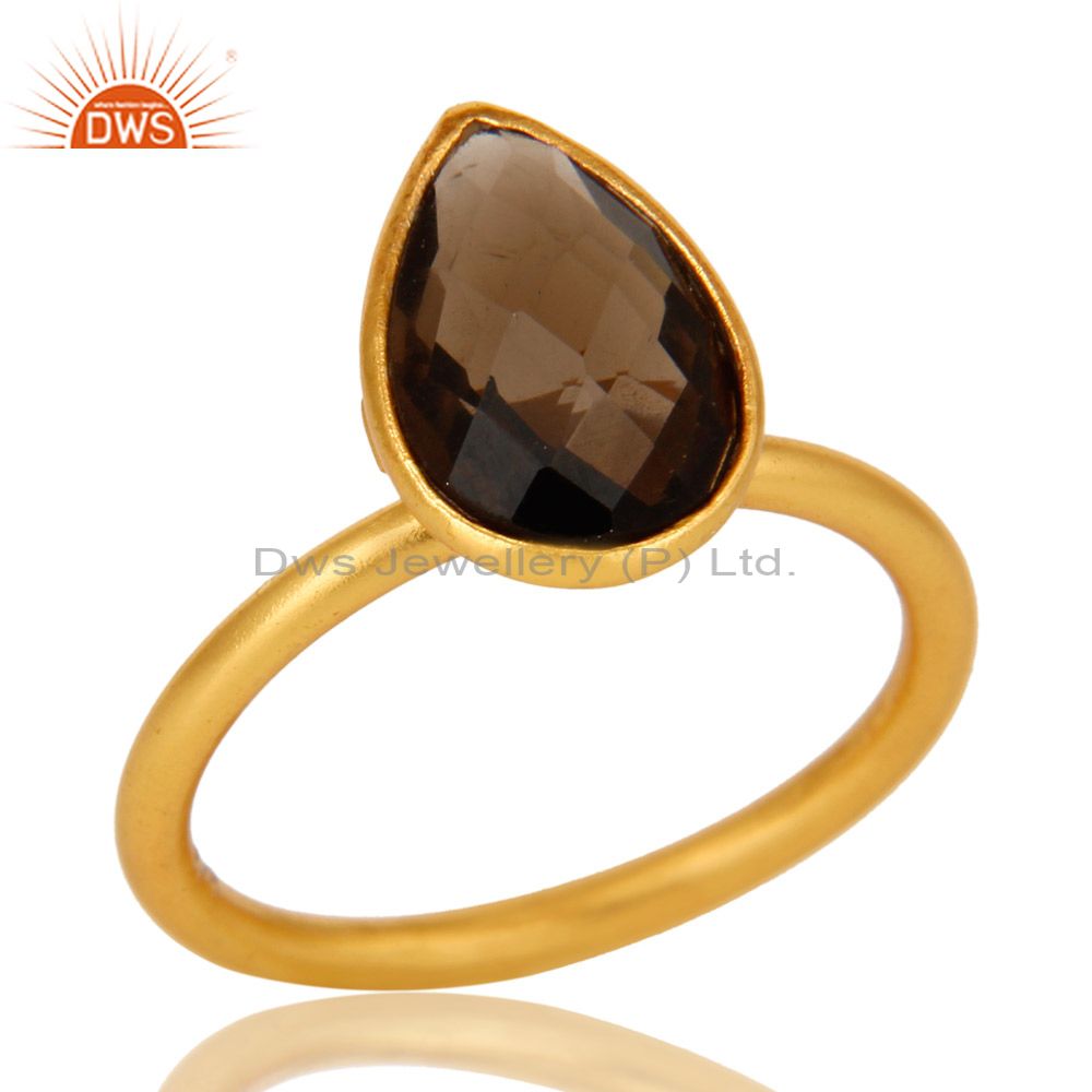 18K Yellow Gold Plated Sterling Silver Smoky Quartz Bezel Set Stackable Ring