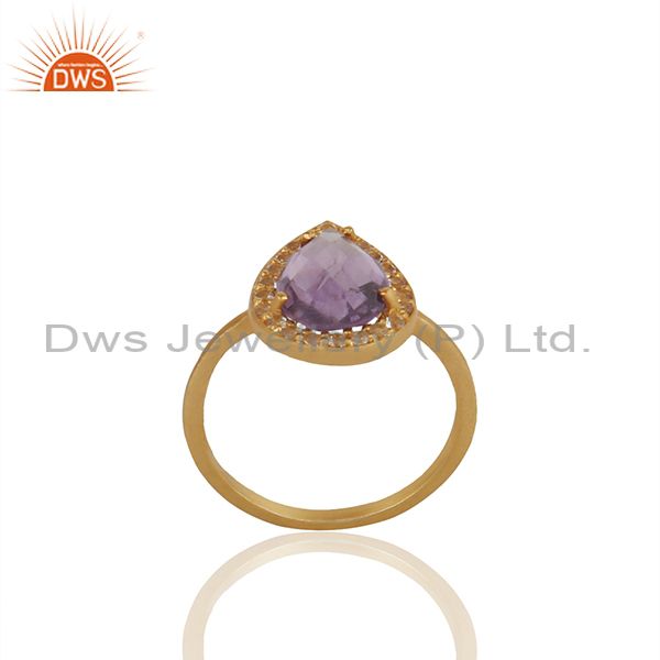 Pear Shape Amethyst Birthstone White Topaz 925 Silver Gold Plated Ring