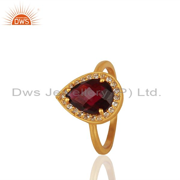 Natural Garnet and White Topaz Gemstone Gold Plated Silver Rings