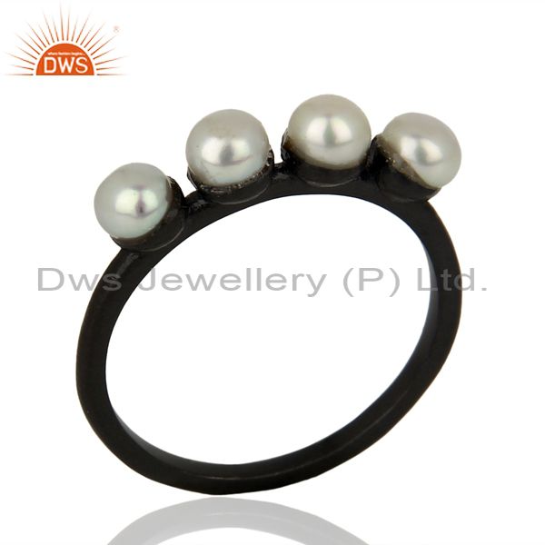 Pearl Band Black Oxidized 925 Sterling Silver Ring Gemstone Jewelry