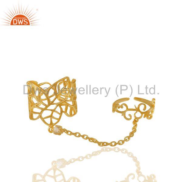 Filigree Design Gold Plated 925 Silver Double Finger Girls Chain Ring