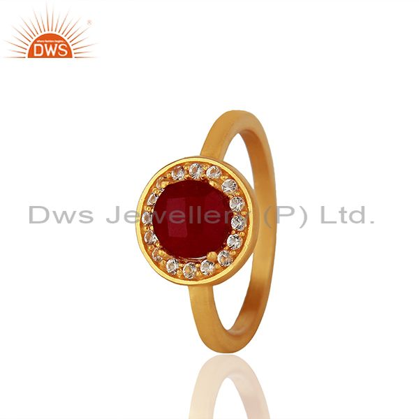 White Topaz and Ruby Gemstone 92.5 Silver Gold Plated Rings Jewelry