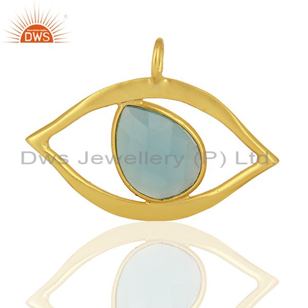 Blue chalcedony gemstone gold plated silver evil eye pendnat finding