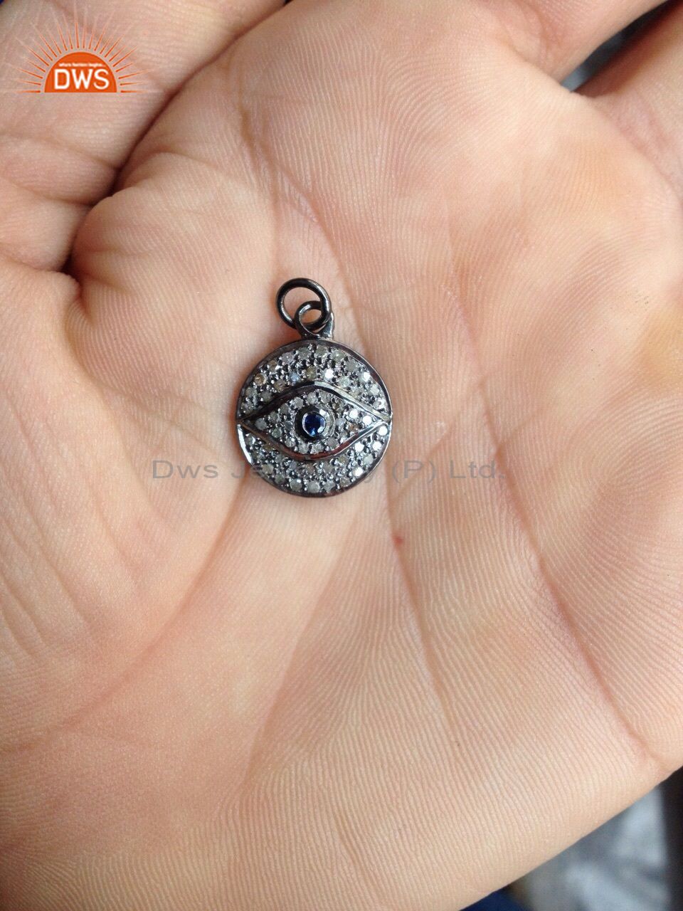 Evil eye charm pendant real diamond pave blue sapphire gemstone silver jewelry