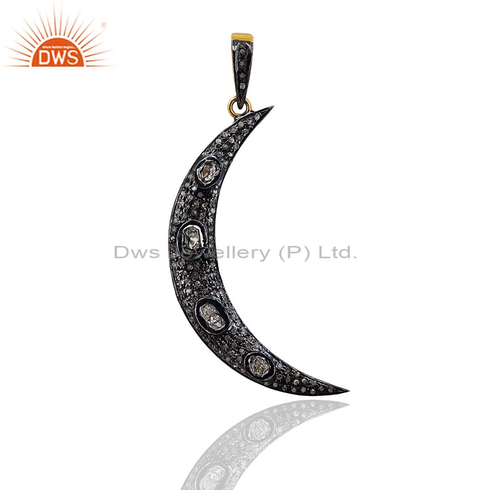 Pave diamond vintage 92.5 sterling silver crescent moon charm pendant jewelry