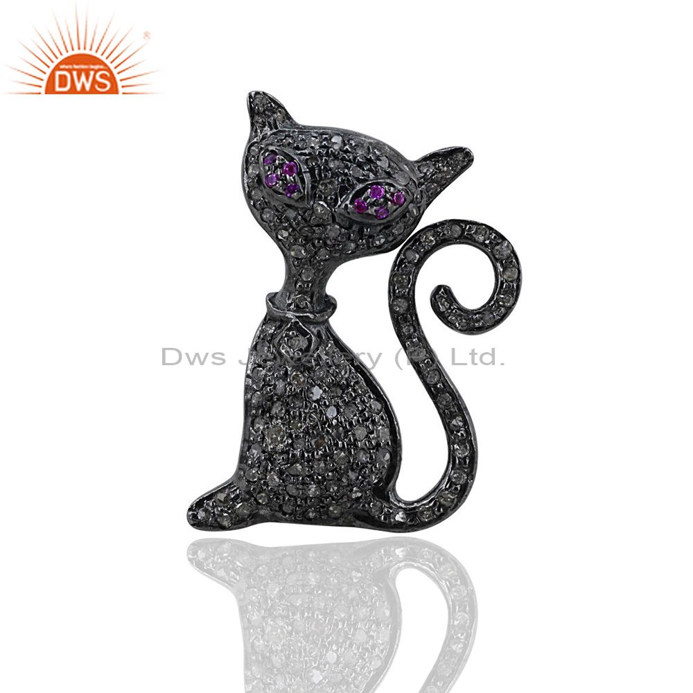 Natural diamond cat pendant ruby gemstone charm 925 sterling silver pave jewelry