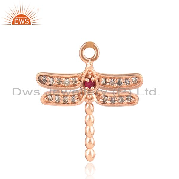 Designer dragonfly diamond charm in rose gold on silver and ruby