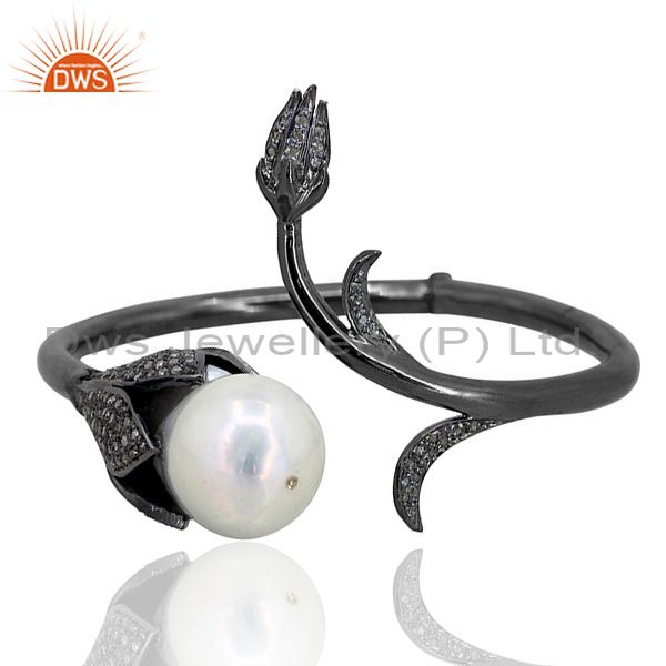 Fine 925 silver pearl pave 1.54 ct diamond cuff bangle bracelet designer jewelry