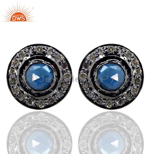 14K Gold Diamond Pave Sapphire 925 Silver Stud Earrings Gemstone Fine Jewelry BY