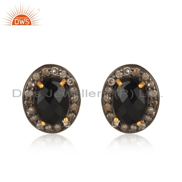 14k Gold Black Spinel Diamond Pave Stud Earrings Sterling Silver Fashion Jewelry