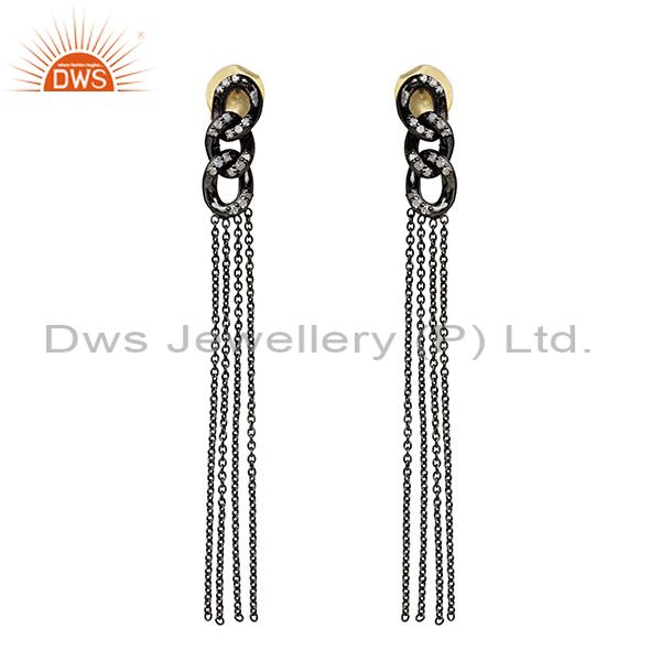 Diamond Pave Sterling Silver Tassel Earrings Dangle 14k Gold Fashion Jewelry CY