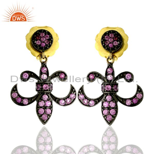 0.85ct Pink Sapphire Fleur De Lis Design Dangle Earrings 14k Gold Silver Jewelry