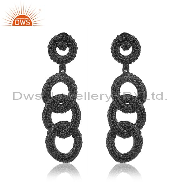 925 Sterling Silver Black Spinel Pave Link Chain Long Earrings