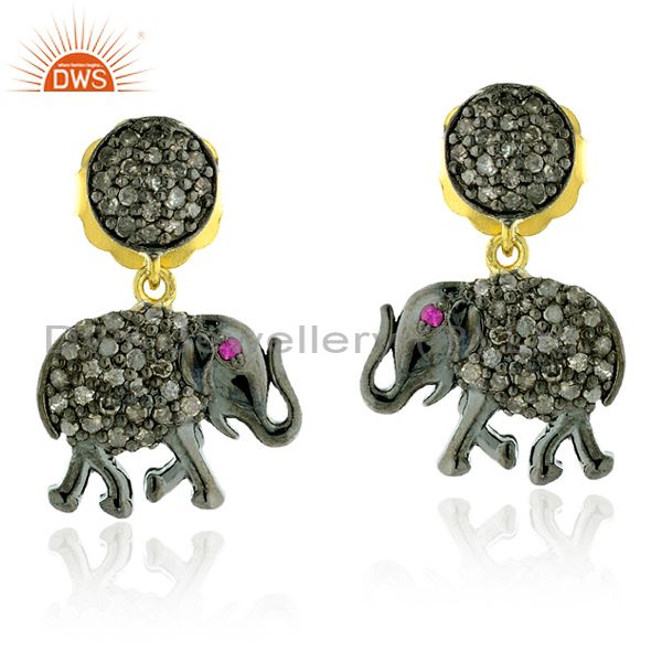 "elephant charm dangle earrings 0.93ct diamond gemstone 14kt gold silver jewelry