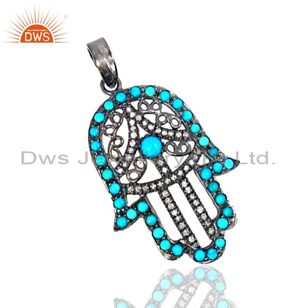 Hand hamsa charm pave diamond and turquoise gemstone pendant