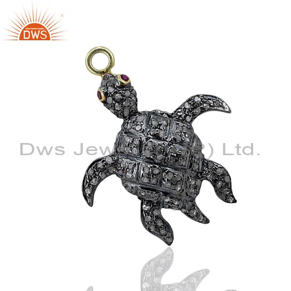 Ruby gemstone natural diamond pave turtle charm pendant sterling silver jewelry