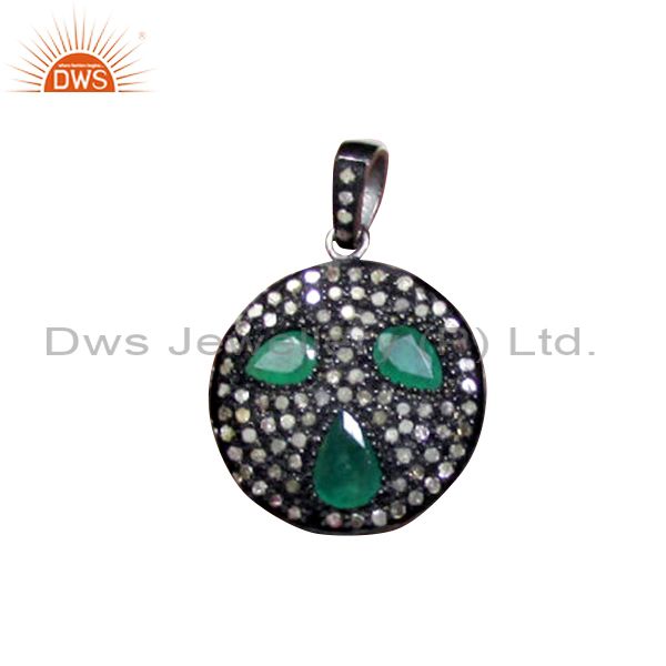2.68 ct green emerald, pave diamonds 925 sterling silver gemstone pendant