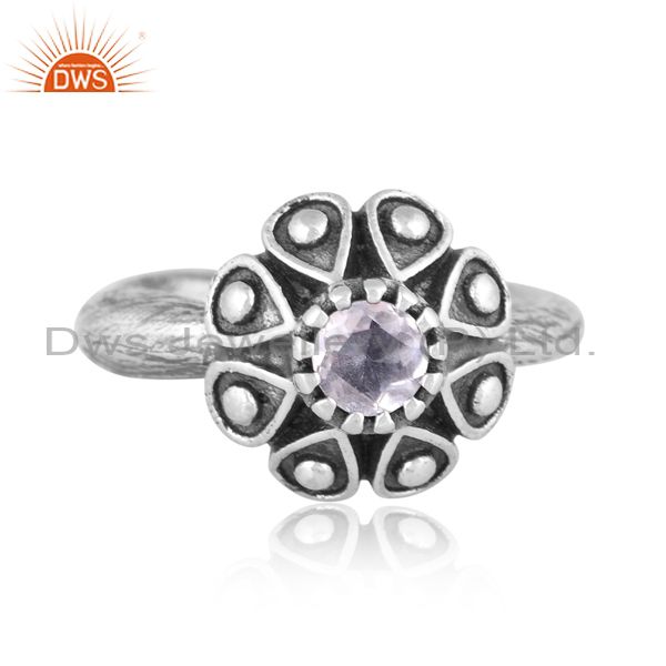 Floral Antique Silver Ring With Crystal Quartz Cut Stone