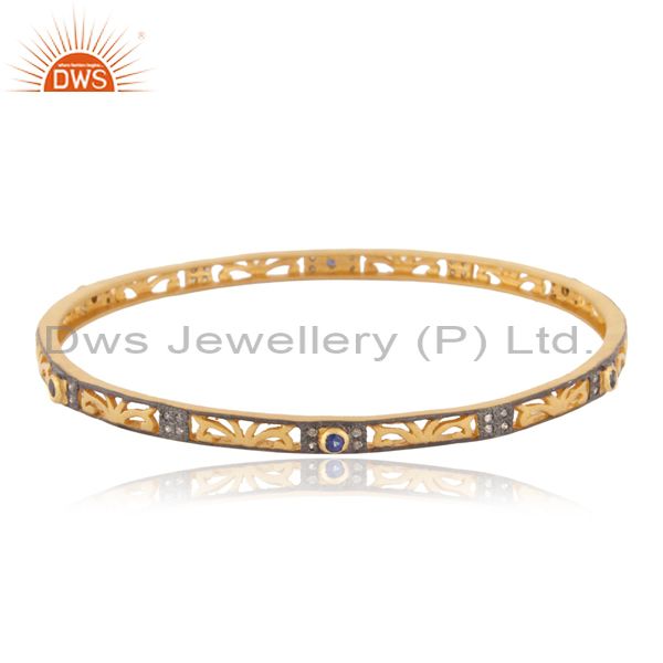 Pave diamond 18k gold blue sapphire gems 925 silver sleek bangle