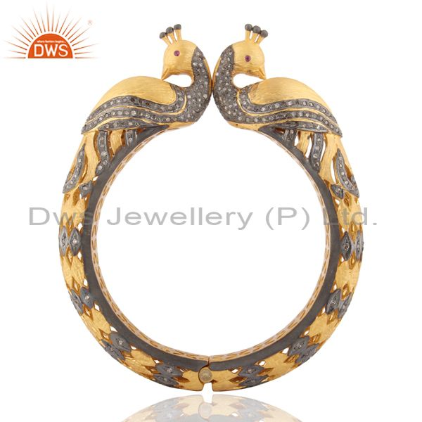 Vintage 18k gold ruby pave diamond peacock design 925 silver bangle