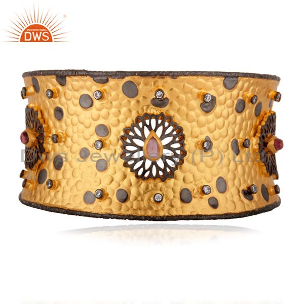 Textured oxidized 18k gold gp cubic zircon antique cuff bracelet party wear anni