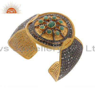 18k gold over sterling silver pave diamond and emerald antique cuff bracelet