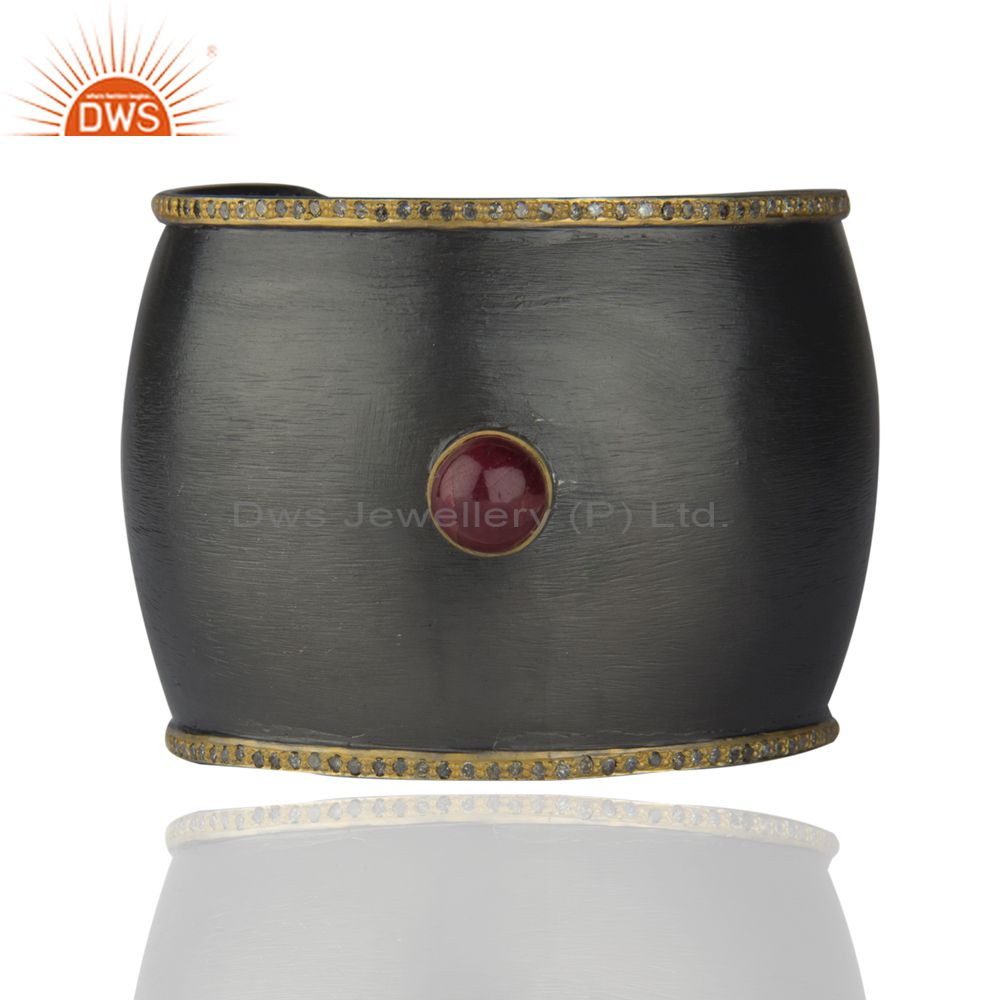 Sterling silver pave diamond ruby gemstone cuff bangle bracelet - rhodium plated