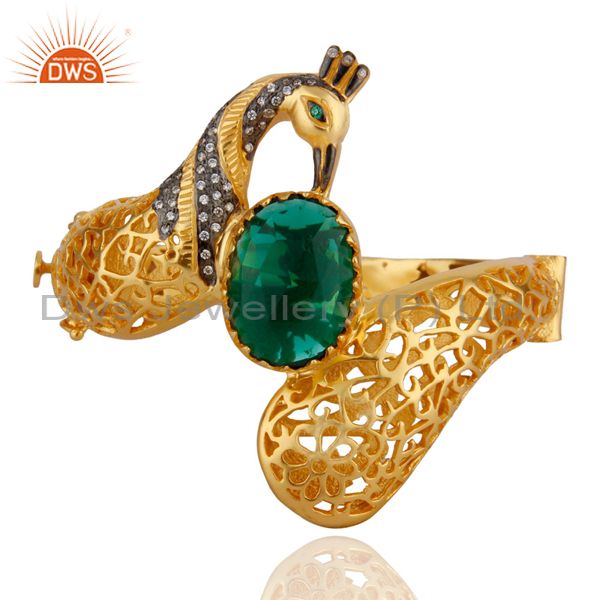 18k gold on unique peacock design openable bangle green glass cz