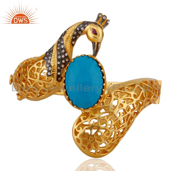 14k yellow gold plated turquoise fashion peacock bangle with cz