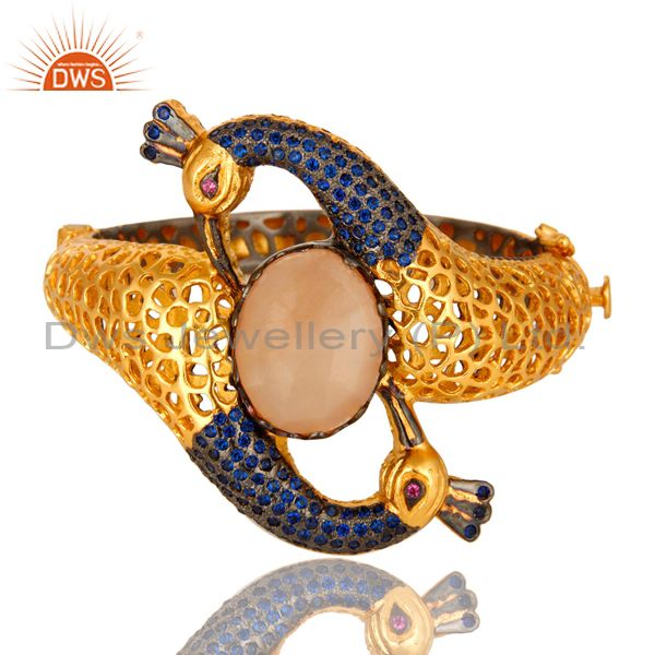 14k gold on blue cz peach moonstone double peacock openable bangle