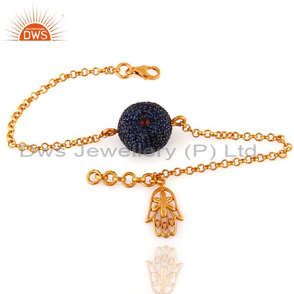 18k gold plated sterling silver blue sapphire chain bracelet with hamsa charm
