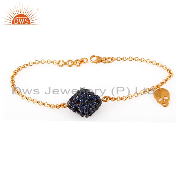 18k yellow gold plated sterling silver sapphire chain bracelet with skull charms