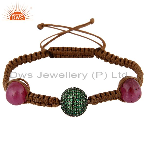 Natural ruby gemstone bead macrame bracelet sterling silver tsavorite jewelry