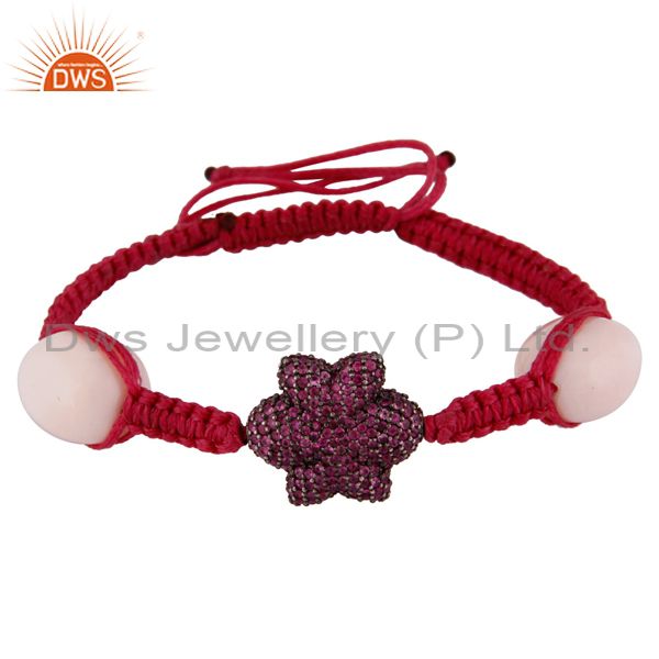 Ruby flower design beads bracelet sterling silver macrame fashion jewelry