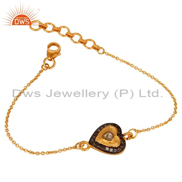 Diamond polki and 18k gold plated sterling silver heart shape chain bracelet
