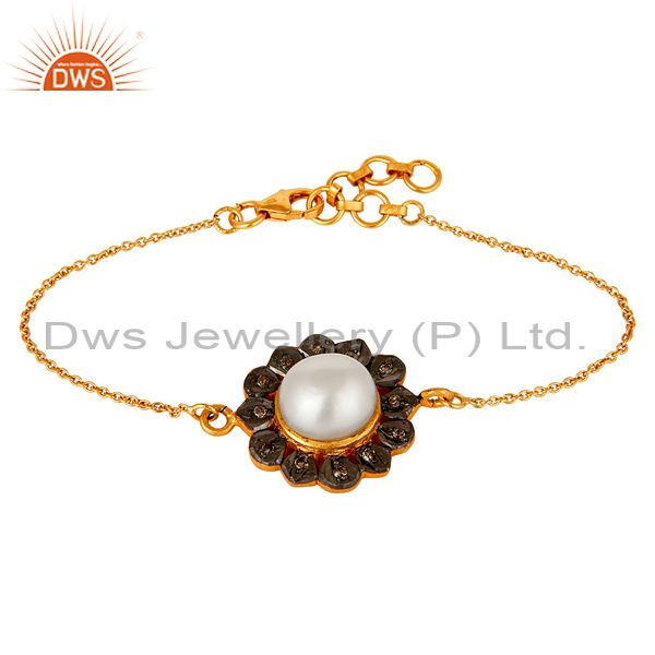 Pearl and diamond 18k gold plated 925 silver bracelet with adjustable chain link