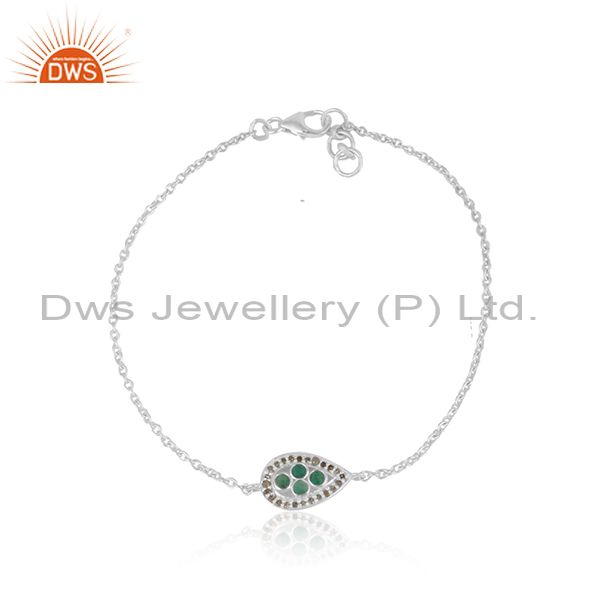Natural emerald gemstone diamond sterling fine chain bracelet