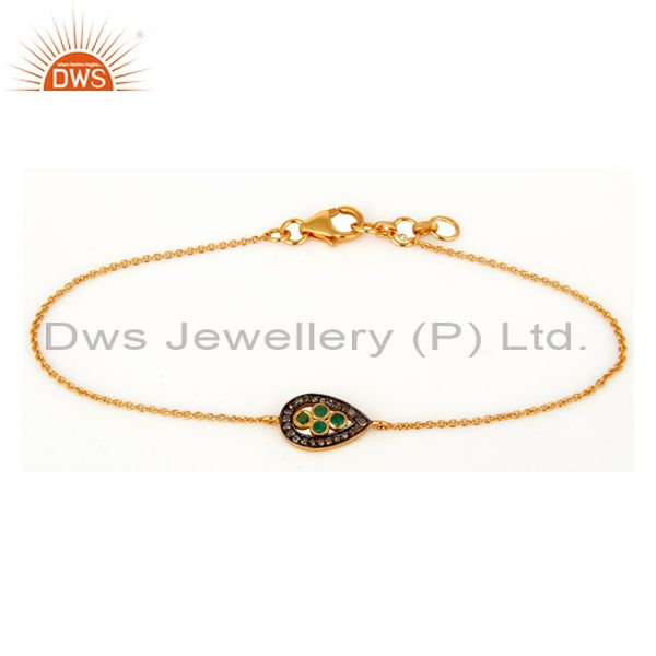 18k gold on sterling silver diamond pave emerald gemstone fashion chain bracelet