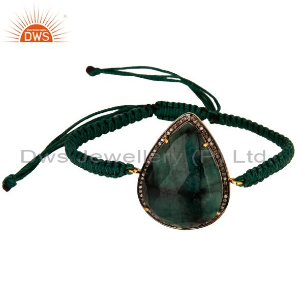 Natural emerald gemstone pave diamond sterling silver macrame bracelet