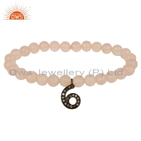 Rose chalcedony stretch bracelet with pave set diamond 6 number charms