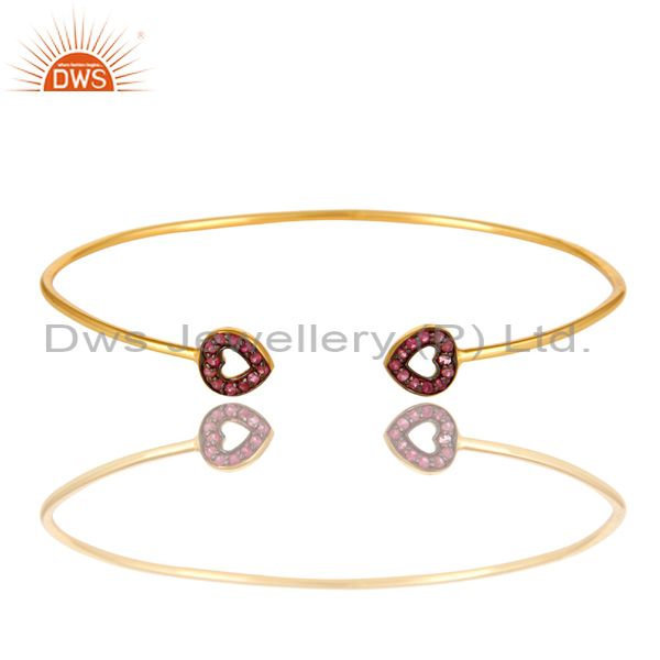 Pink sapphire gemstone accent heart bangle bracelet in 18k gold over silver