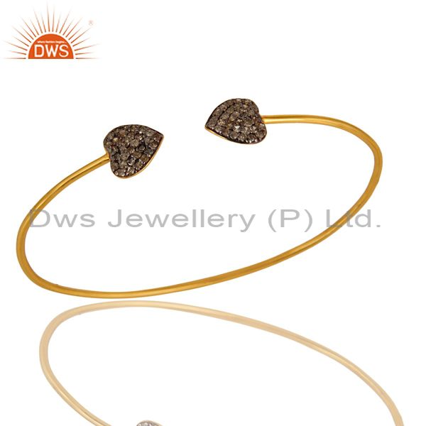 14k gold plated sterling silver pave set diamond heart adjustable stack bangle