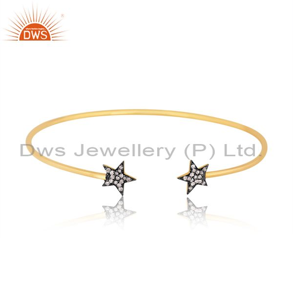 Pave set diamond star adjustable open bangle made in 14k yellow gold over silver