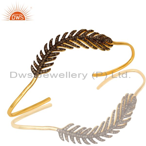 Pave diamond designer palm bracelet made in 14k gold over sterling silver