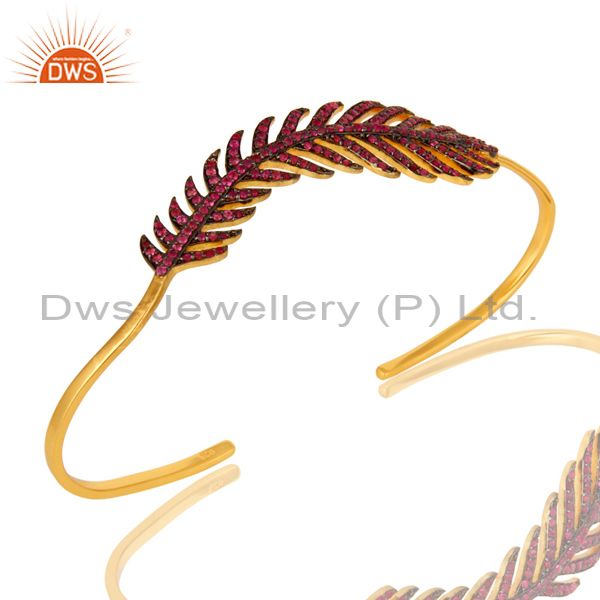 Ruby gemstone leaf designer wedding palm bracelet made in 14k gold over silver