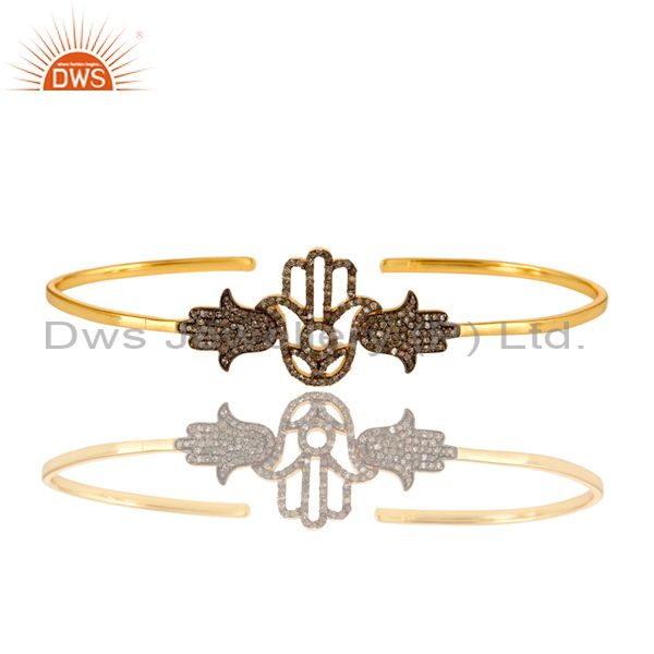 Pave set diamond hamsa hand cuff bangle made in 18k gold overlay silver